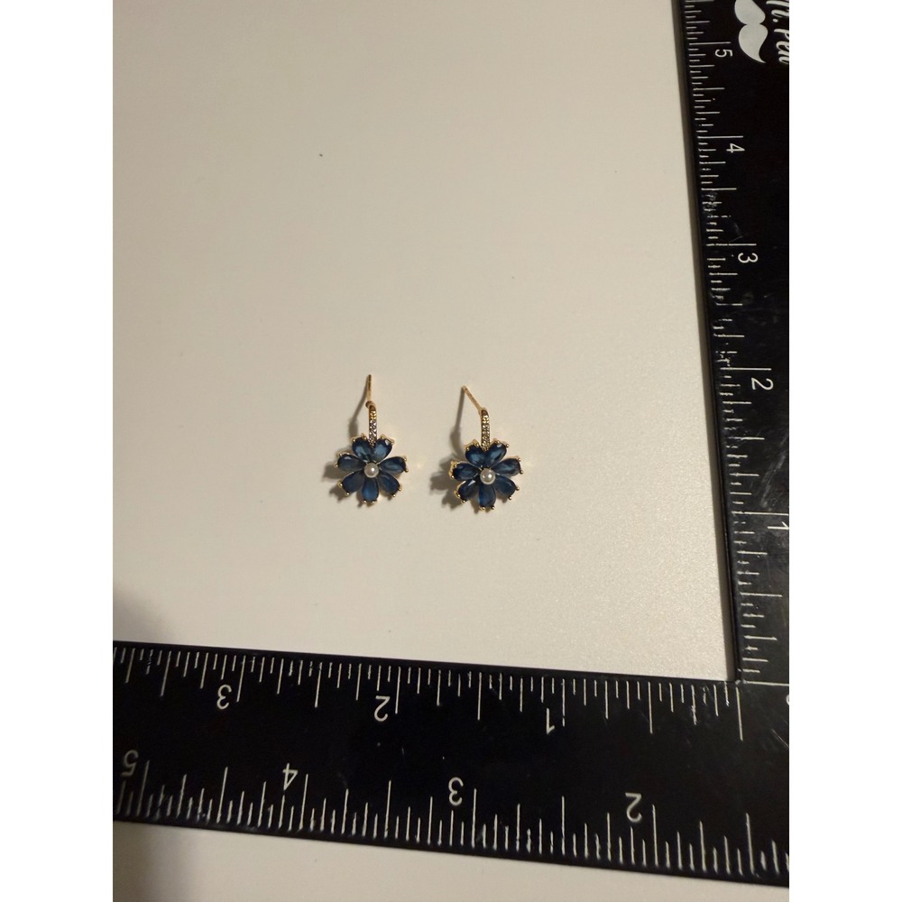 Gold Tone Blue Flower Pearl Drop Earrings Crystal Floral Lever Back Jewelry